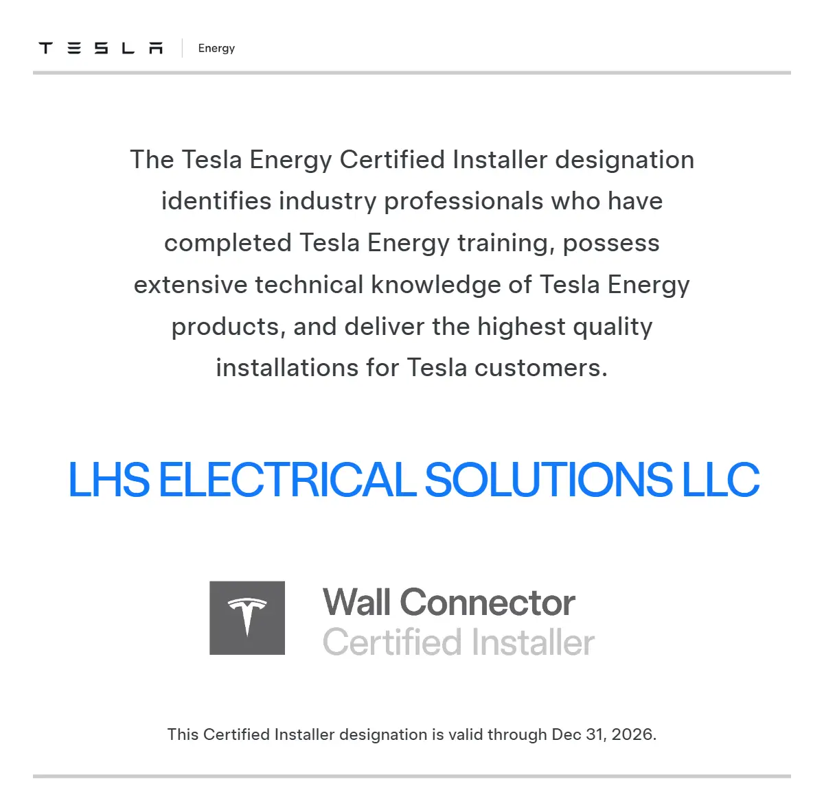 Tesla Certified Installer LHS Electrical Solutions for EV charger installation in Houston TX