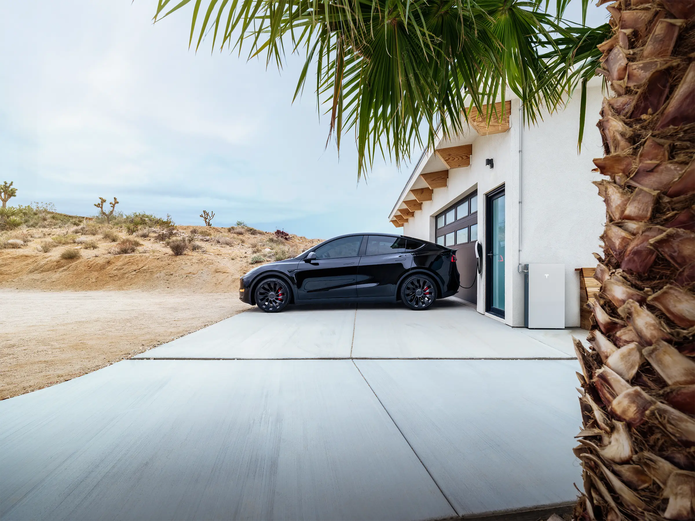 Black Car parked charging at a home drive way with tropical palm tree